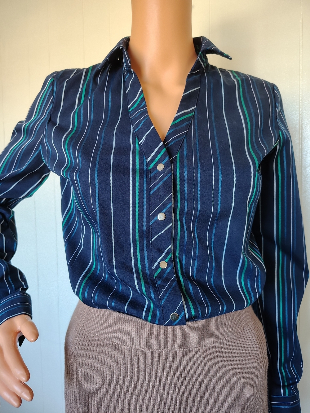 New York & Company Navy Button-Down Shirt with Green and White Stripes